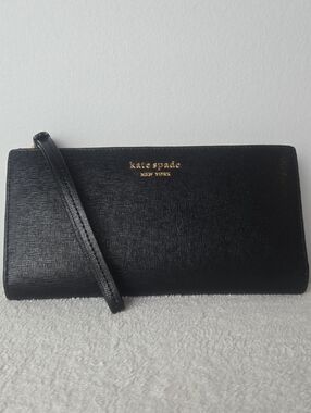 Kate spade Black Saffiano Wristlet clutch With Gold Logo